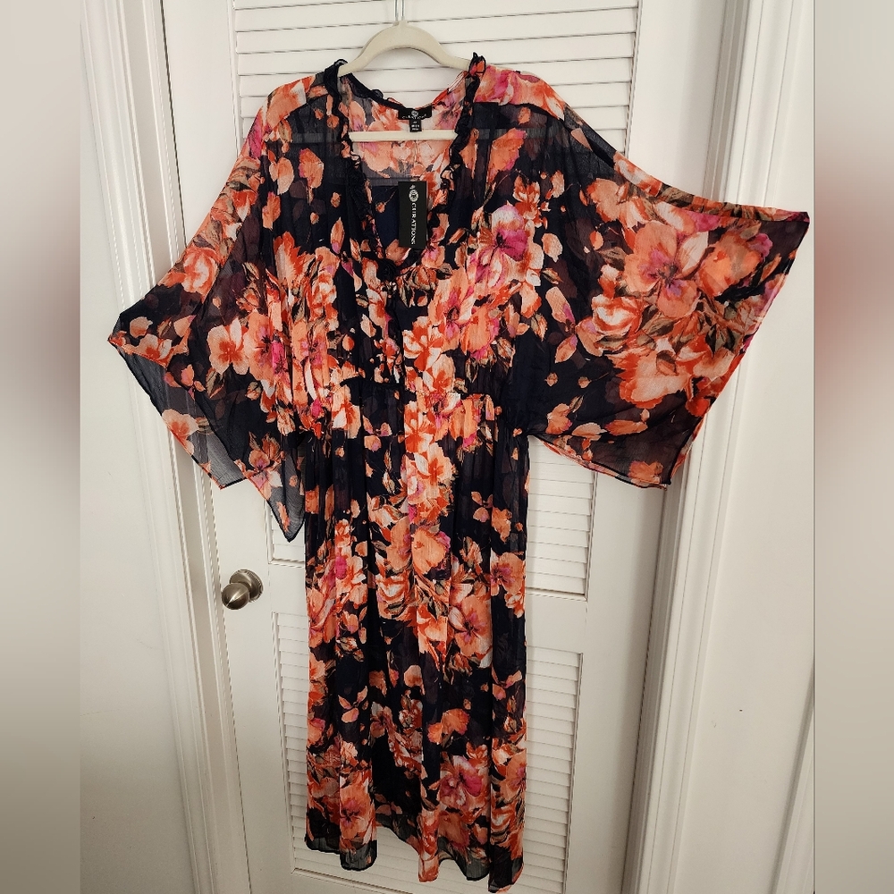 Curations Printed Chiffon Maxi Dress - Blue/Orange Floral